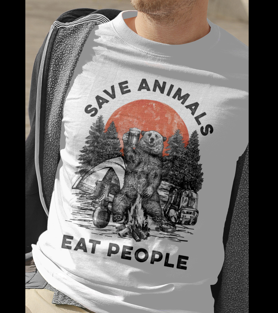 Save Animals Eat People Camping Bear Campfire Scene T-Shirt