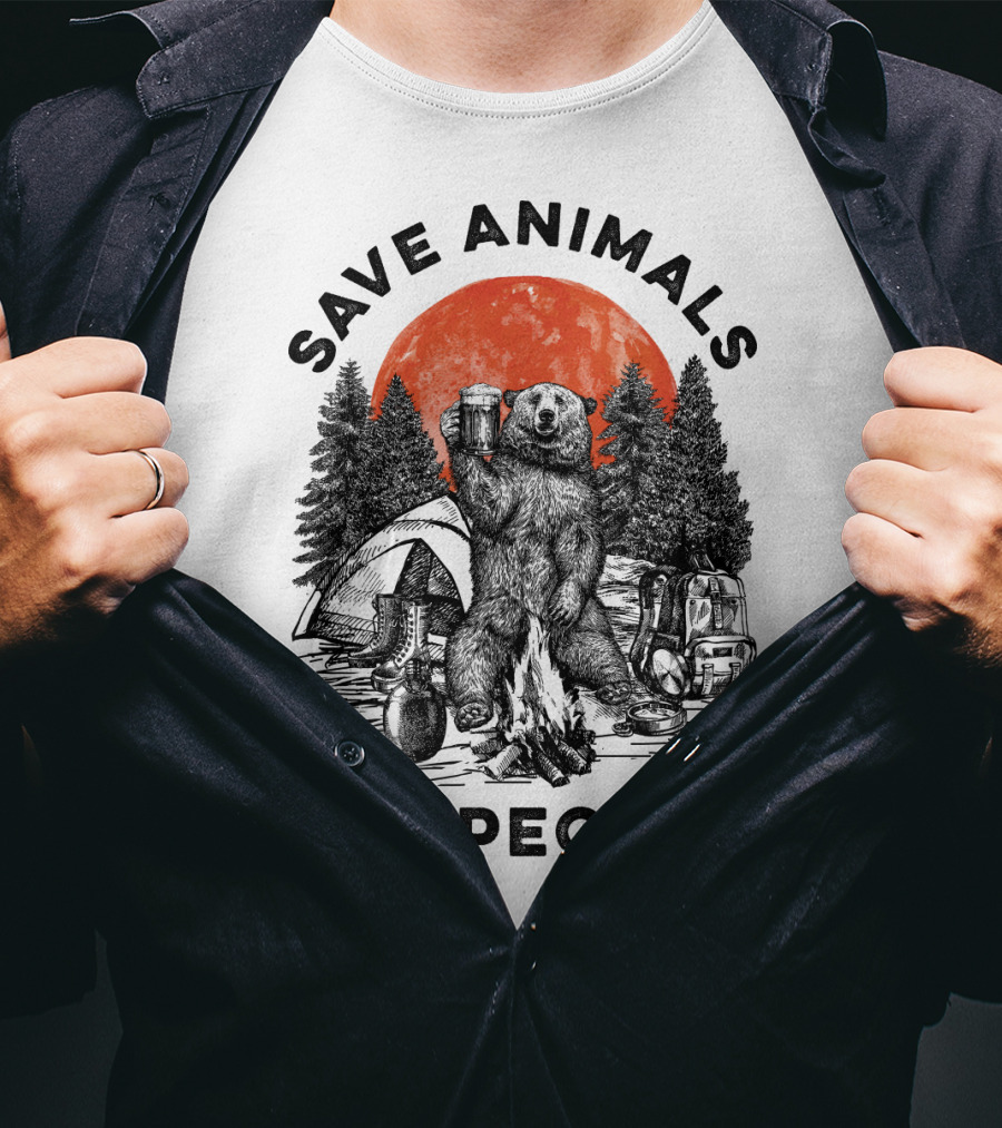 Save Animals Eat People Camping Bear Campfire Scene T-Shirt