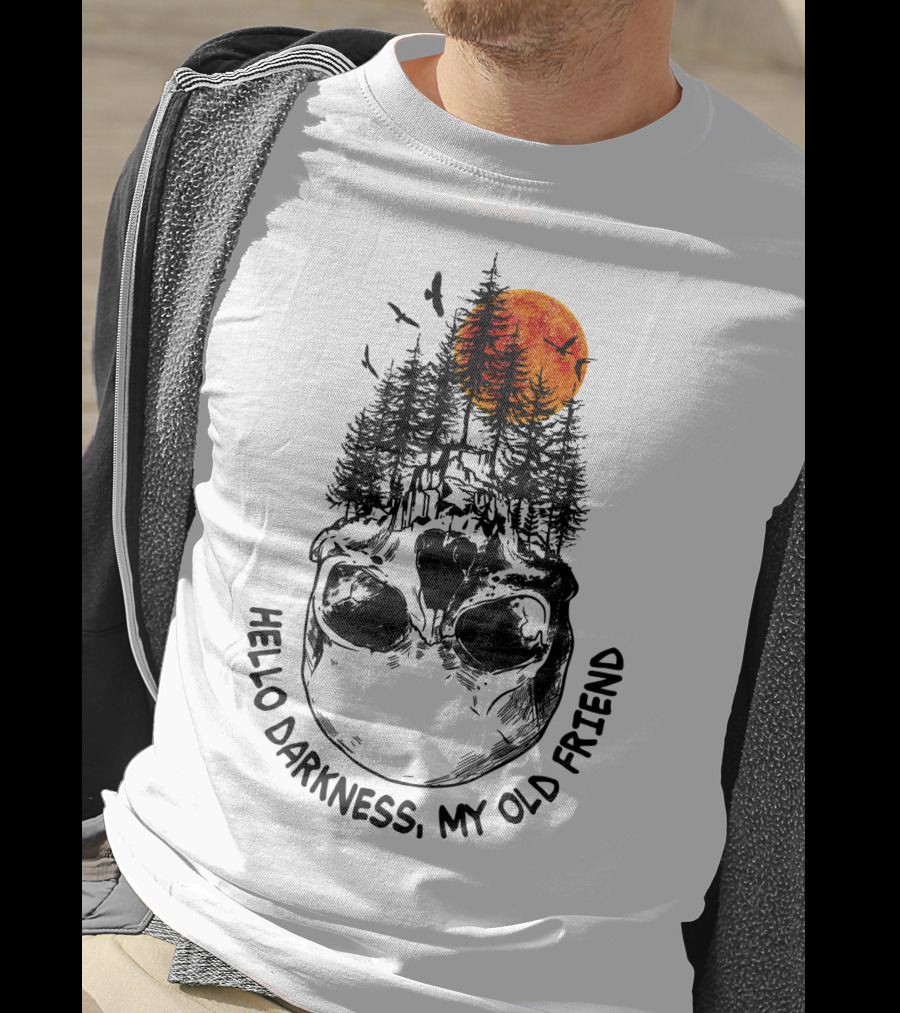Hello Darkness My Old Friend Skull Forest Red Moon Birds Camping T-Shirt