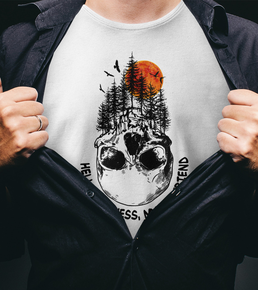 Hello Darkness My Old Friend Skull Forest Red Moon Birds Camping T-Shirt