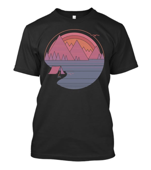 Camping Landscape With Mountains, Tent, Campfire, Sunset, And Bird In Circle T-Shirt
