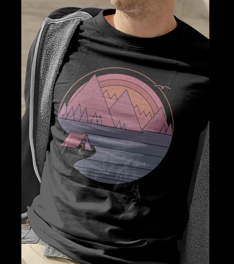 Camping Landscape With Mountains, Tent, Campfire, Sunset, And Bird In Circle T-Shirt