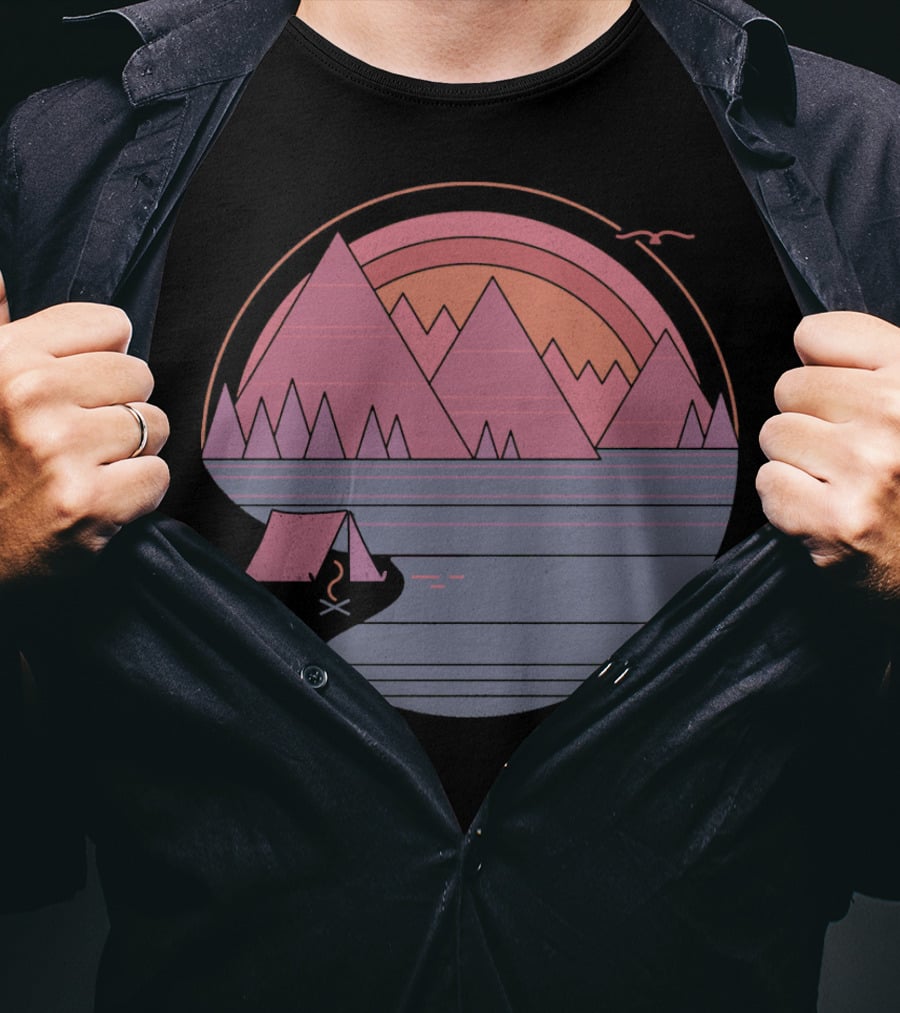 Camping Landscape With Mountains, Tent, Campfire, Sunset, And Bird In Circle T-Shirt