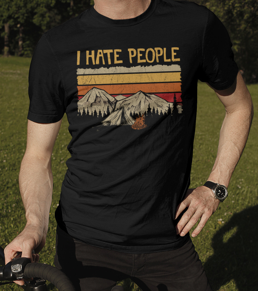 I Hate People Mountains Tent Campfire Vintage Retro Style Camping Hate T-Shirt