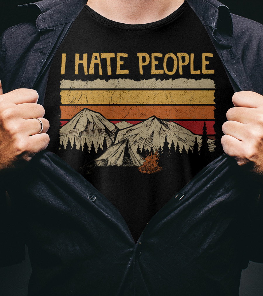I Hate People Mountains Tent Campfire Vintage Retro Style Camping Hate T-Shirt