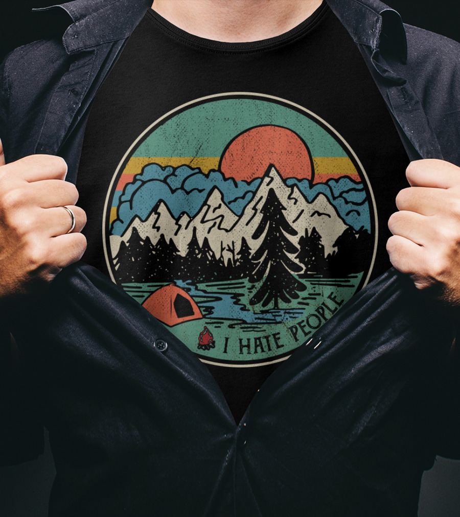 I Hate People Camping Mountains Retro Sunset Tent T-Shirt
