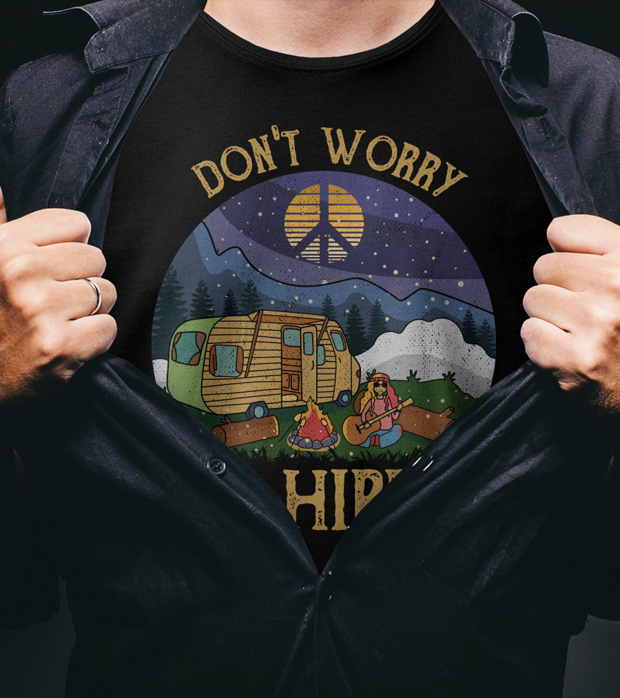 Don't Worry Be Hippie Camper Peace Sign Campfire Scene T-Shirt