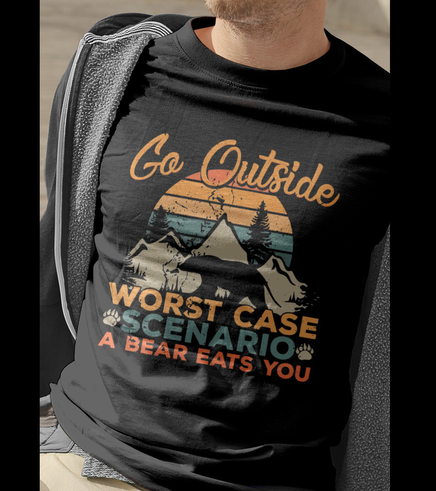 Go Outside Worst Case Scenario A Bear Eats You Retro Sunset Bear And Mountain T-Shirt