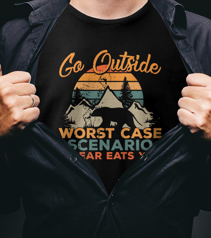 Go Outside Worst Case Scenario A Bear Eats You Retro Sunset Bear And Mountain T-Shirt