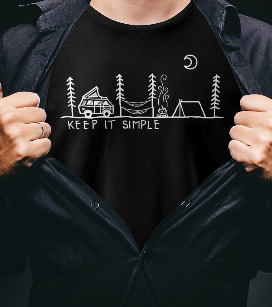 Keep It Simple Camping Van Hammock Campfire Tent Under Moon And Trees T-Shirt