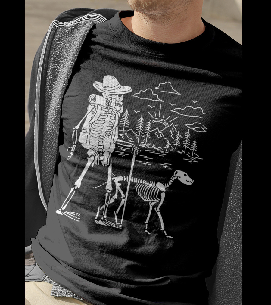 Hiking Skeleton With Skeleton Dog In Mountain Forest Scene T-Shirt