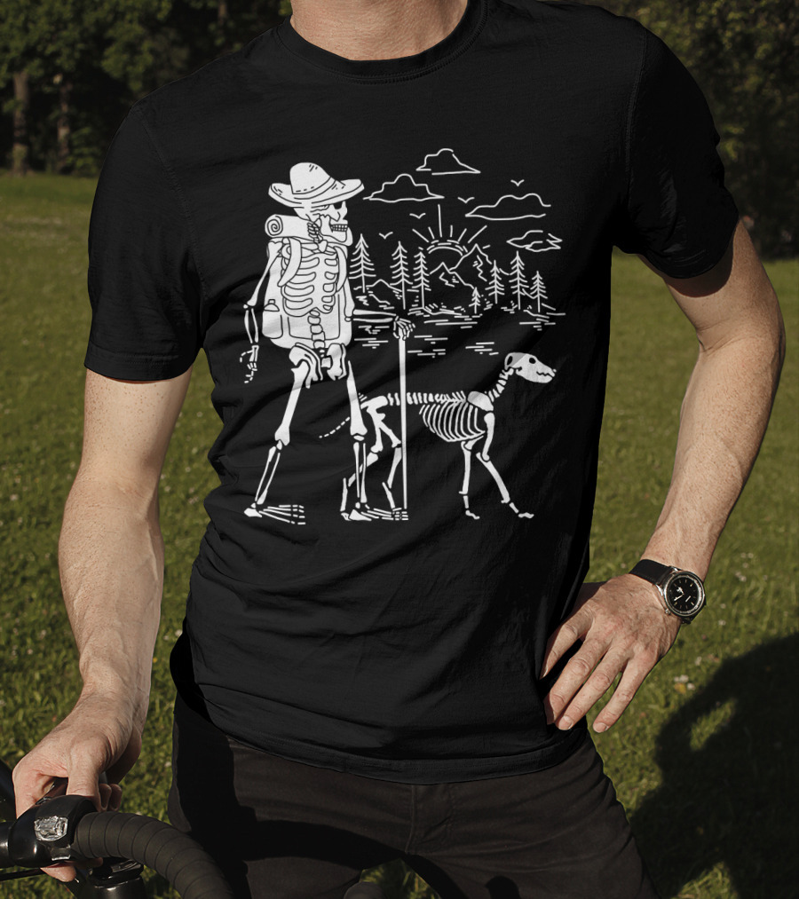 Hiking Skeleton With Skeleton Dog In Mountain Forest Scene T-Shirt
