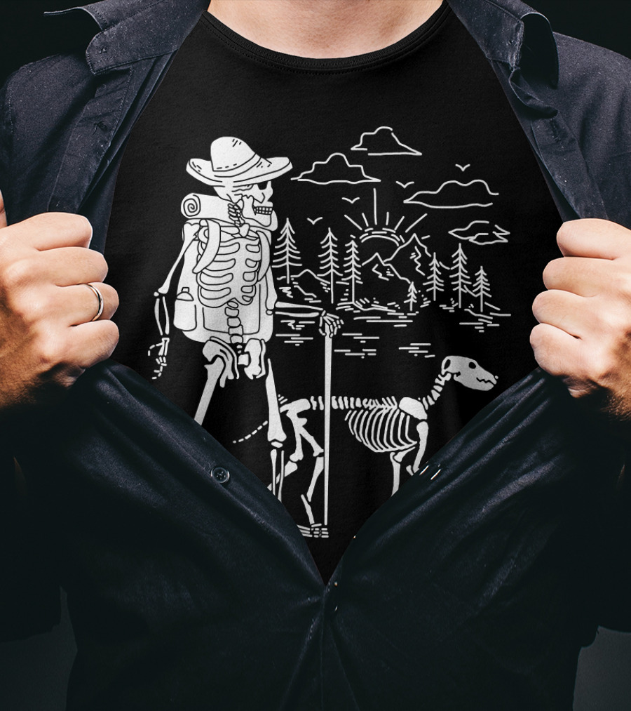 Hiking Skeleton With Skeleton Dog In Mountain Forest Scene T-Shirt