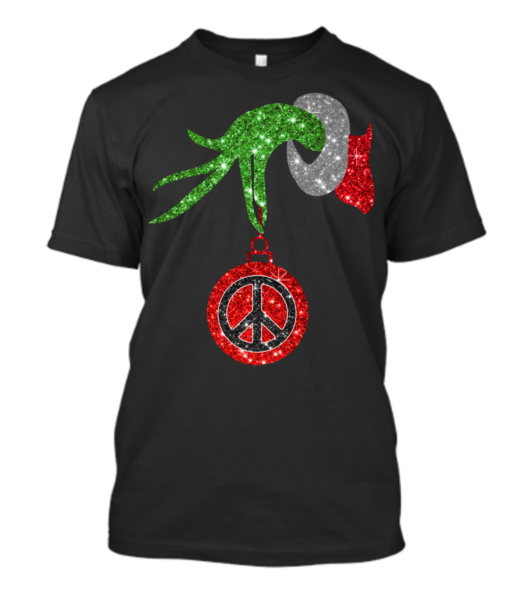Grinch Hand Holding Peace Sign Ornament Christmas Hippie T-Shirt