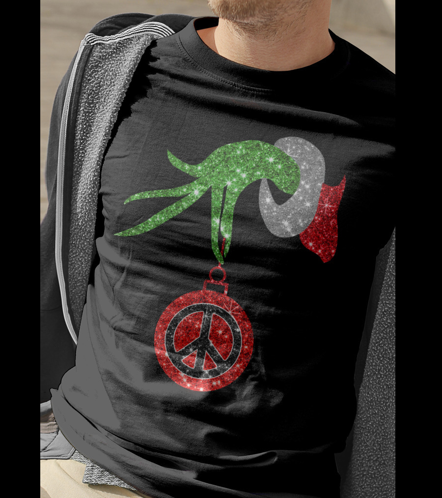 Grinch Hand Holding Peace Sign Ornament Christmas Hippie T-Shirt