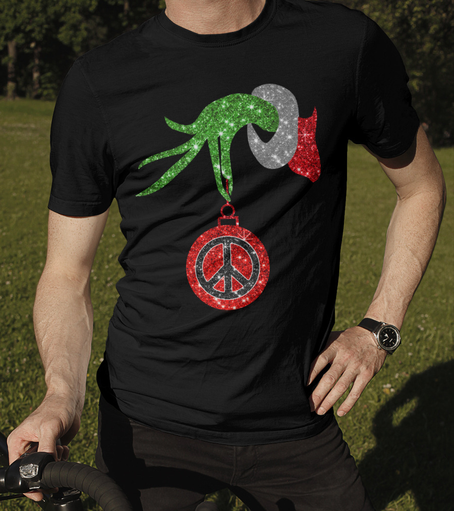 Grinch Hand Holding Peace Sign Ornament Christmas Hippie T-Shirt