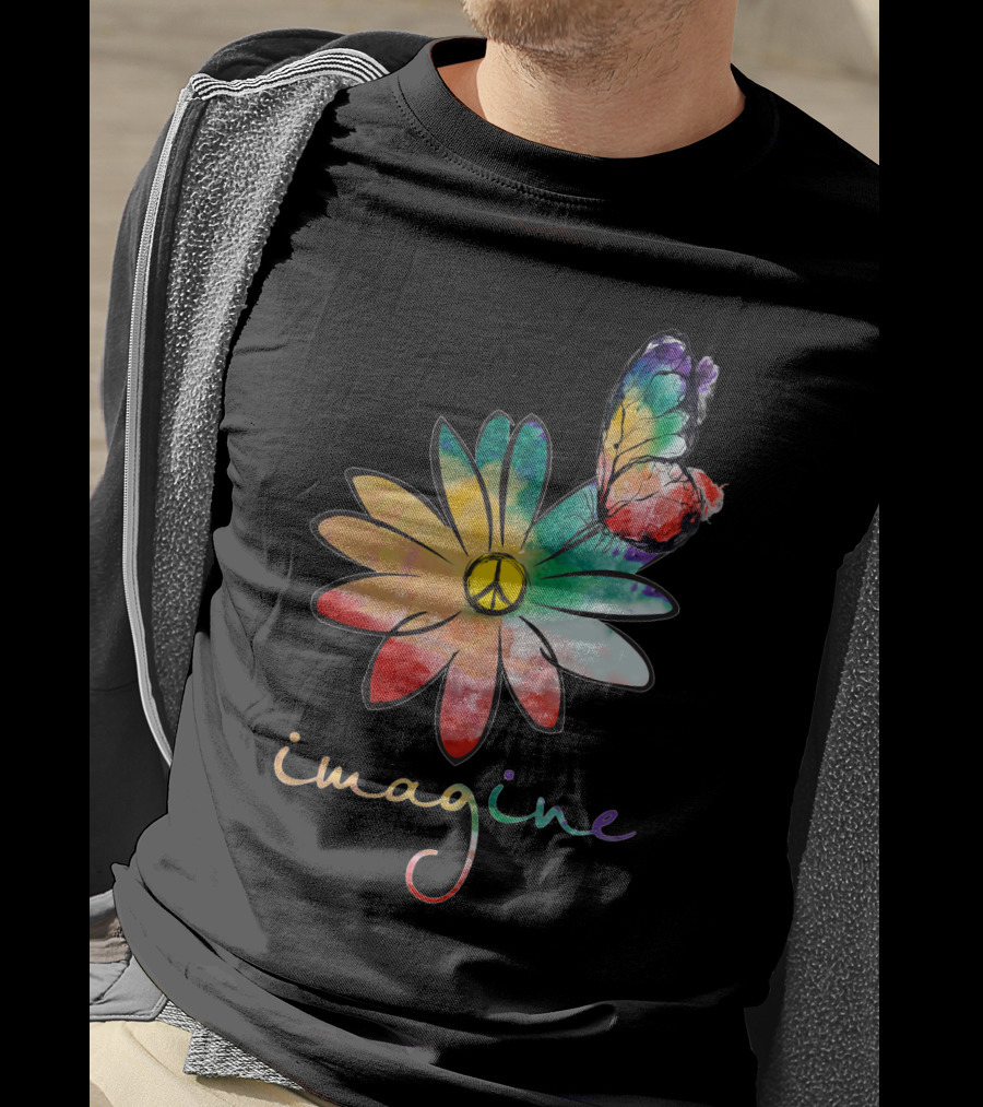Imagine Peace Flower Hippie Butterfly T-Shirt