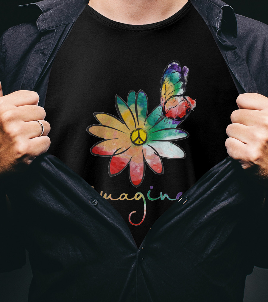 Imagine Peace Flower Hippie Butterfly T-Shirt