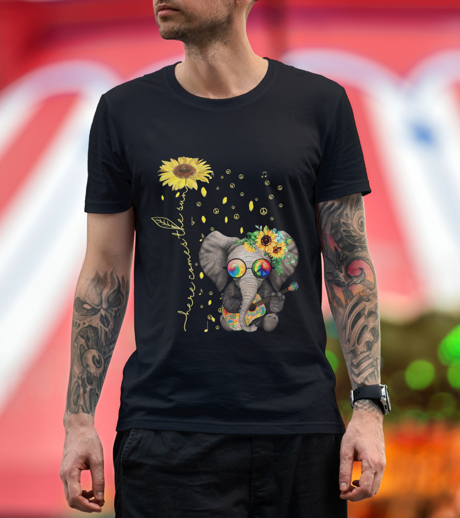 Here Comes The Sun Elephant With Sunflower And Peace Symbols T-Shirt