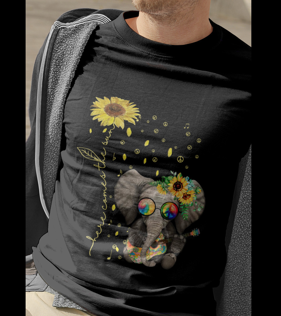 Here Comes The Sun Elephant With Sunflower And Peace Symbols T-Shirt