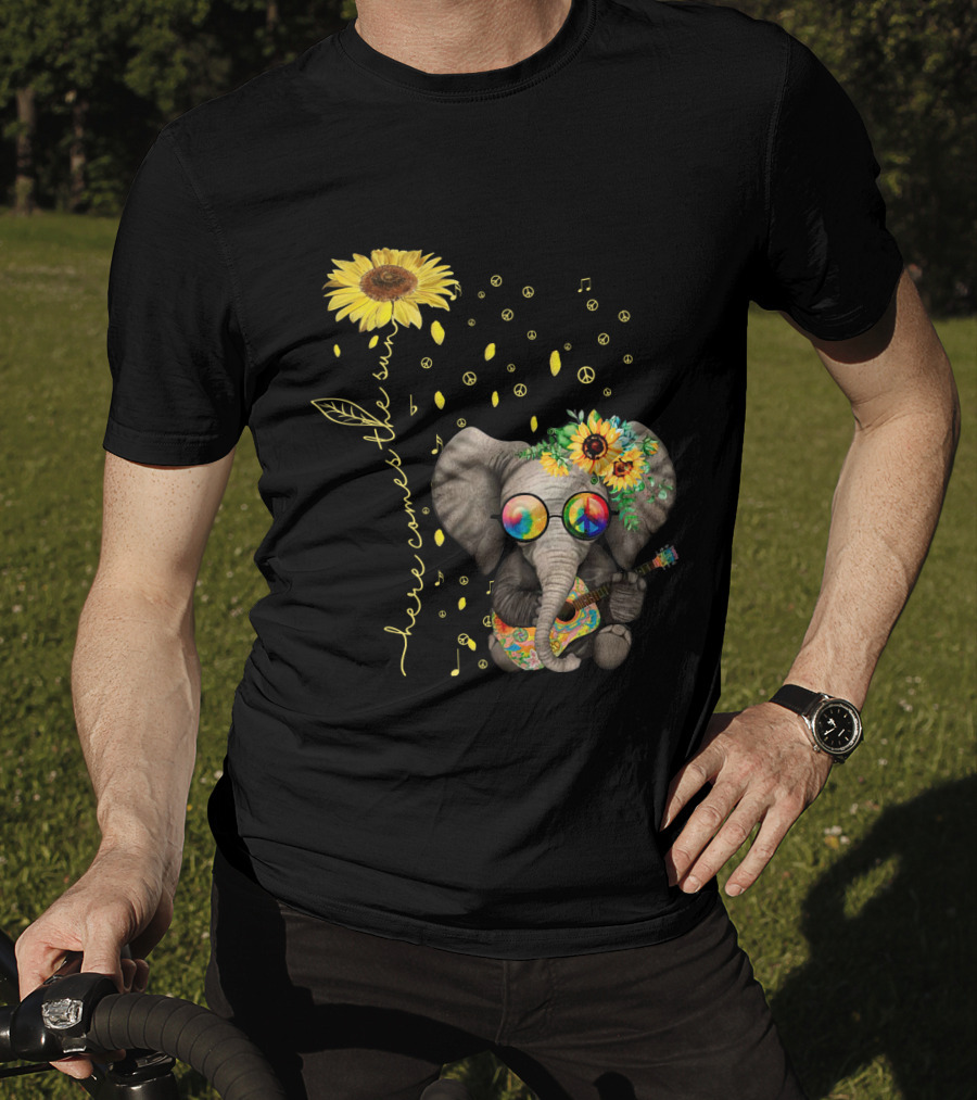 Here Comes The Sun Elephant With Sunflower And Peace Symbols T-Shirt