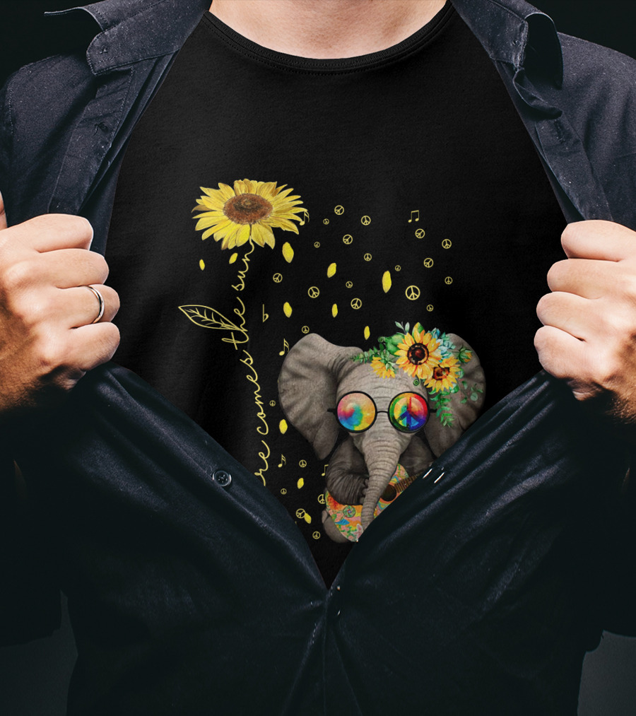 Here Comes The Sun Elephant With Sunflower And Peace Symbols T-Shirt