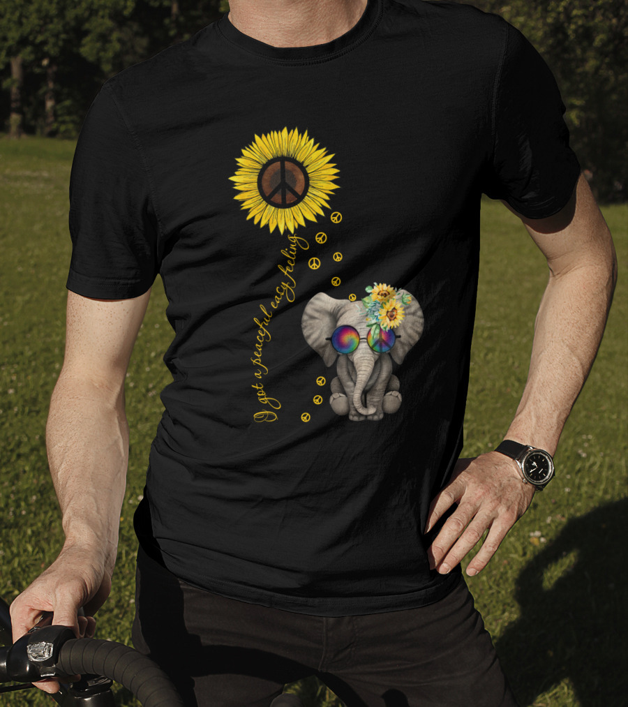 I Got A Peaceful Easy Feeling Elephant With Sunflower And Peace Symbols T-Shirt