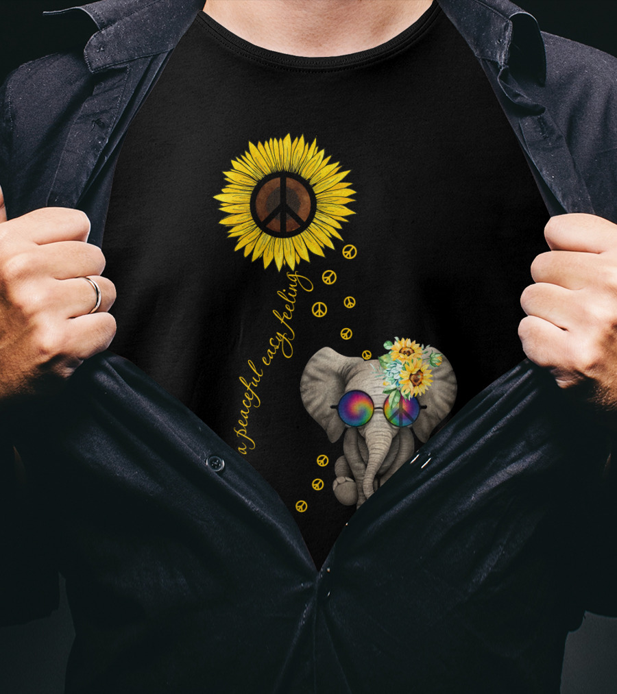 I Got A Peaceful Easy Feeling Elephant With Sunflower And Peace Symbols T-Shirt