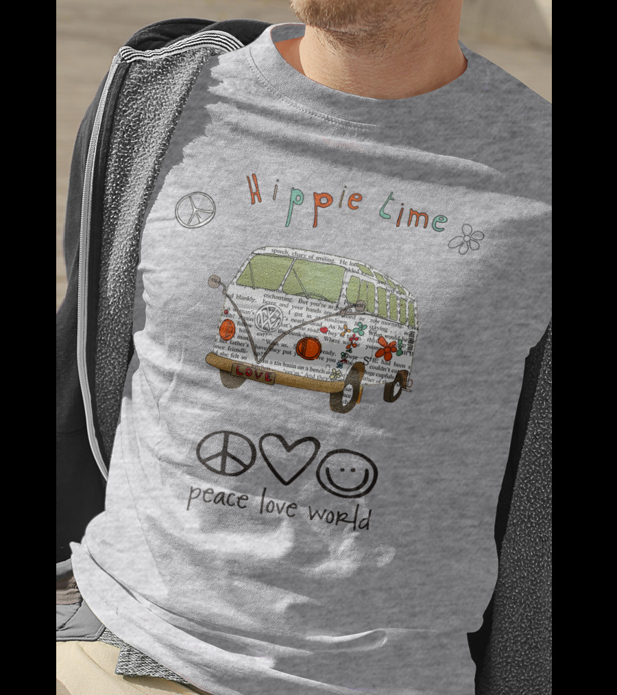 Hippie Time Peace Love World Retro Van Design With Symbols T-Shirt