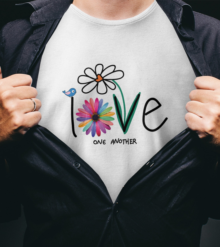 Love One Another Rainbow Flower Blue Bird T-Shirt