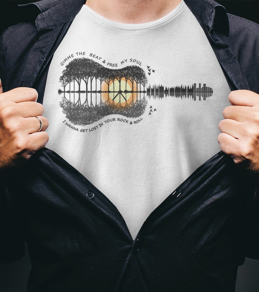 Gimme The Beat And Free My Soul I Wanna Get Lost In Your Rock And Roll Guitar Skyline Sunset T-Shirt