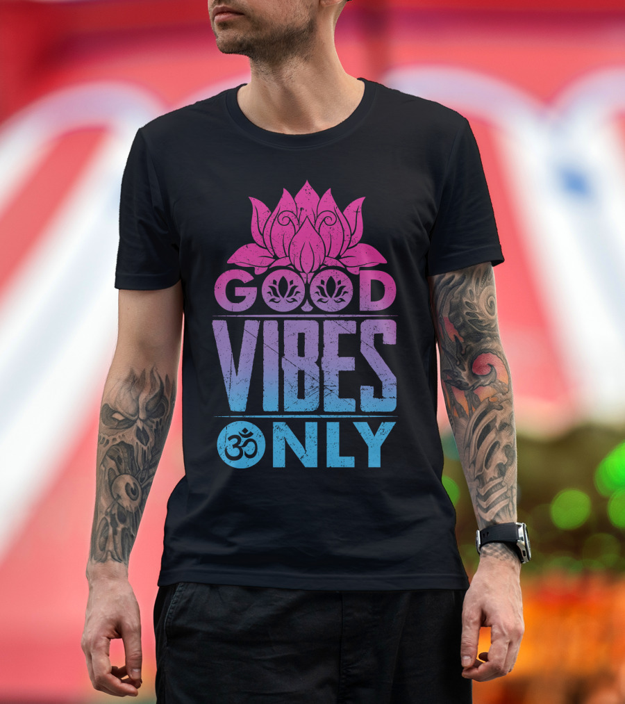 Good Vibes Only Lotus Om Symbol Text T-Shirt