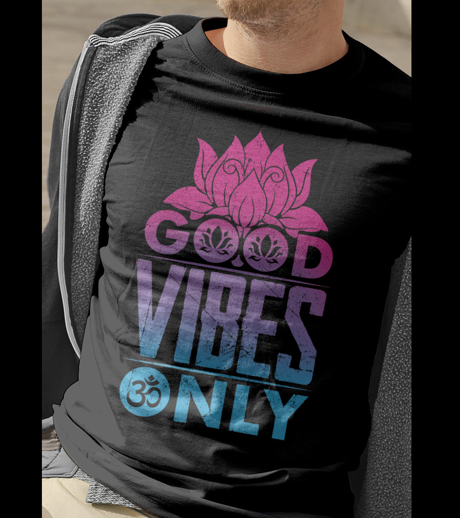 Good Vibes Only Lotus Om Symbol Text T-Shirt