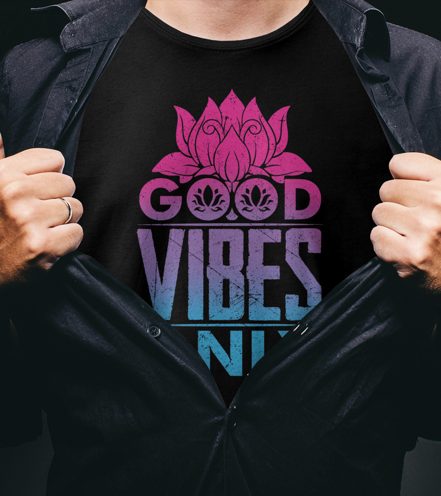 Good Vibes Only Lotus Om Symbol Text T-Shirt