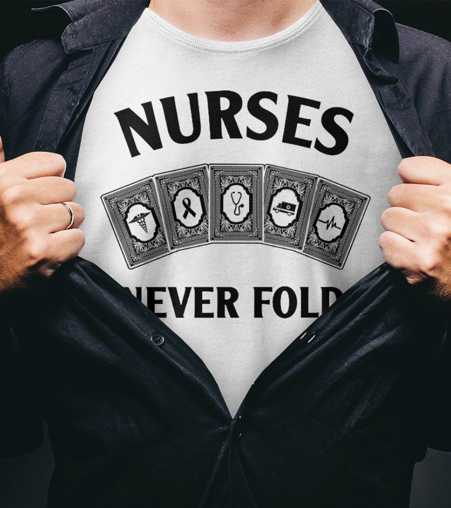 Nurses Never Fold Playing Cards Stethoscope Heartbeat Ribbon Medical Icons T-Shirt