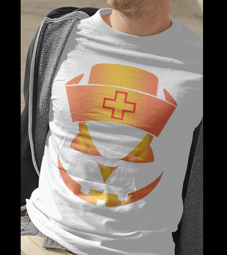 Nurse Pumpkin Face With Cross Hat Halloween T-Shirt