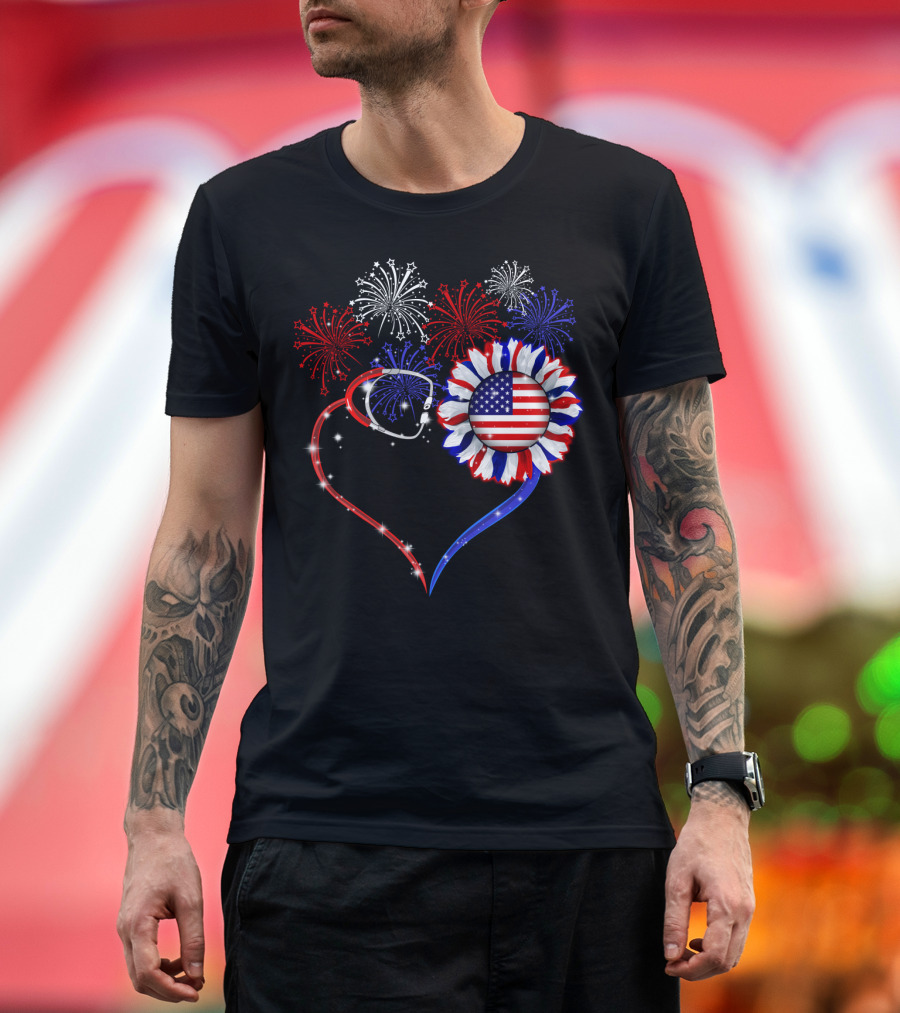 Nurse Patriotic Heart with American Flag and Fireworks T-Shirt
