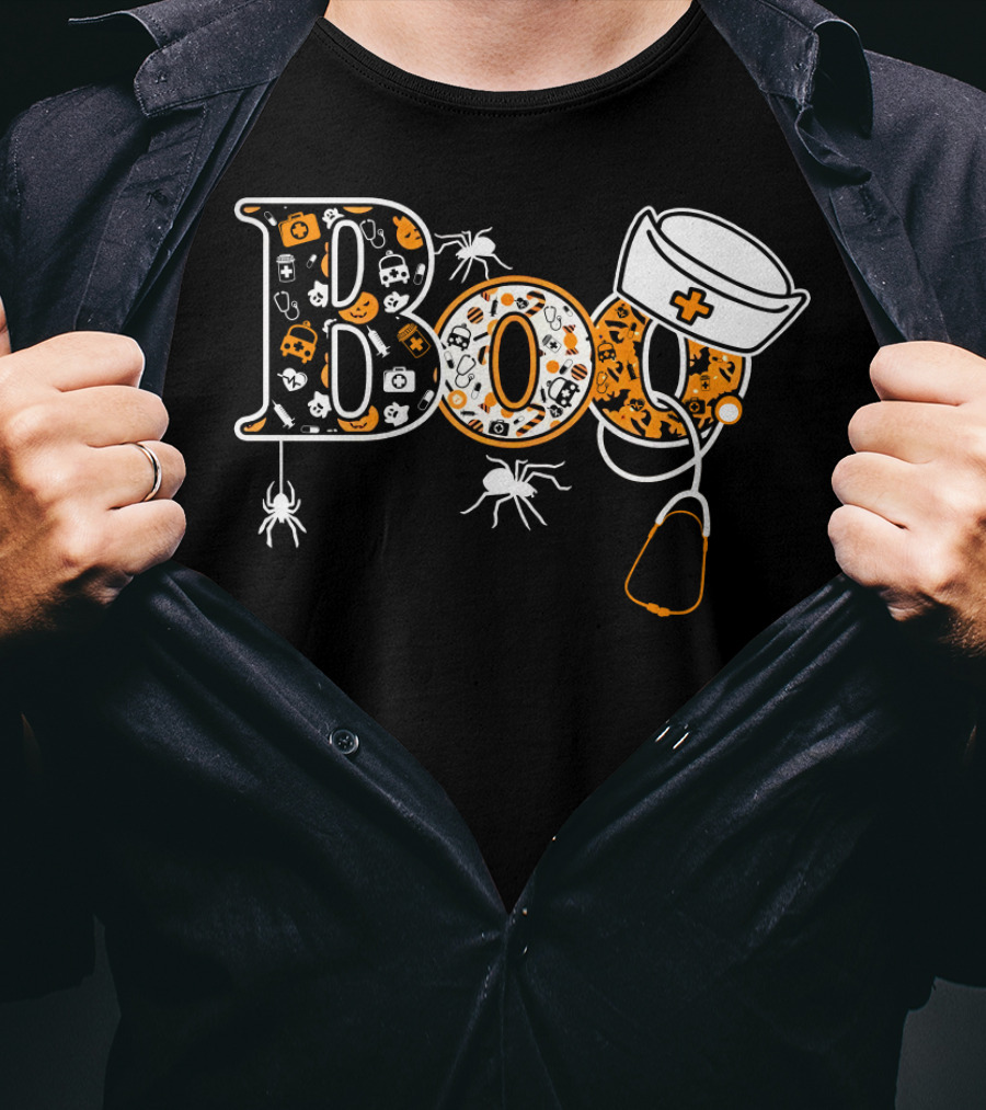 Boo Nurse Halloween Stethoscope Spider Hat T-Shirt