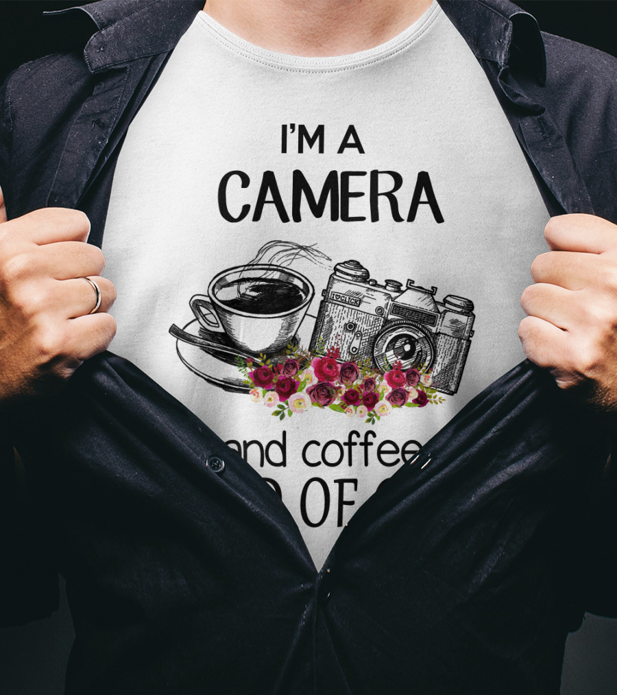 I'm A Camera And Coffee Kind Of Girl With Vintage Camera And Floral Accents T-Shirt