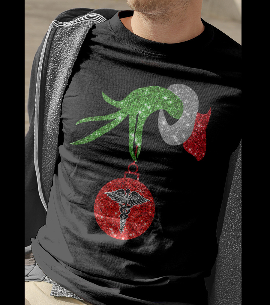 Grinch Hand Holding Caduceus Christmas Ornament Nurse T-Shirt
