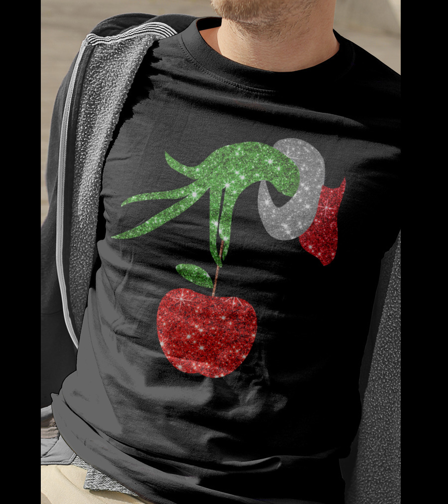 Green Grinch Hand Holding Shiny Red Apple T-Shirt