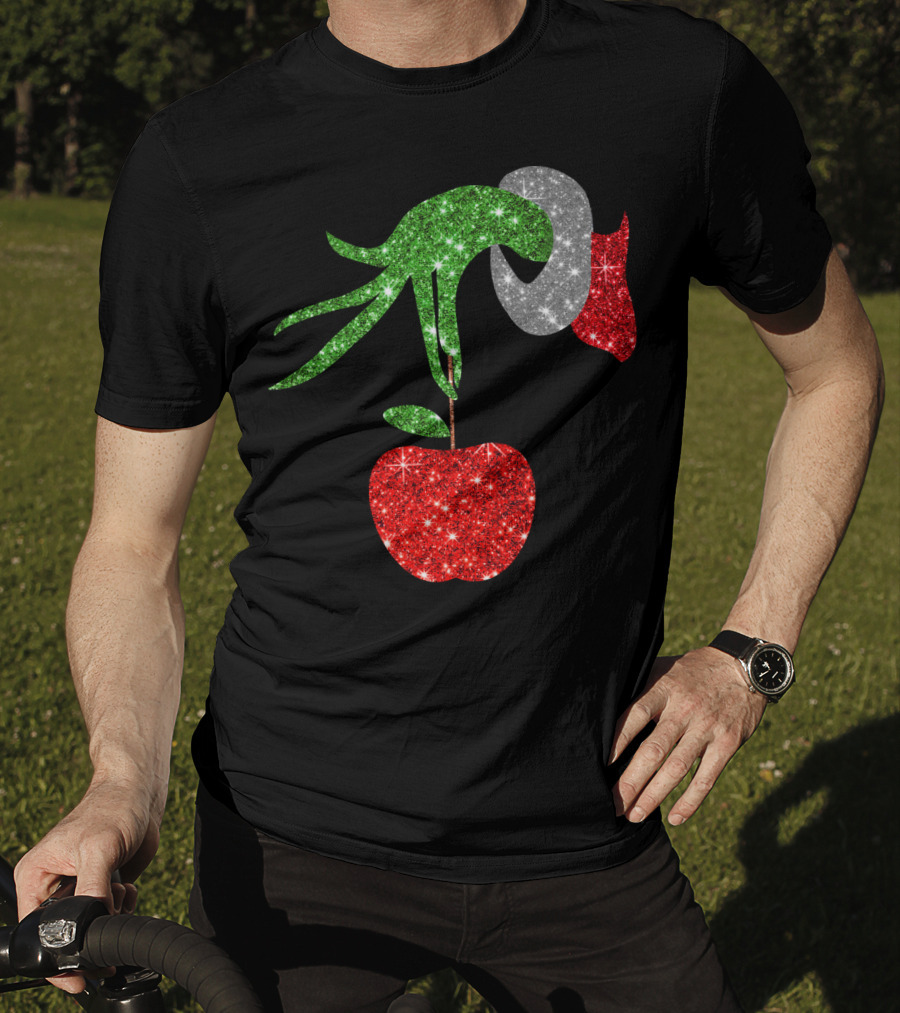 Green Grinch Hand Holding Shiny Red Apple T-Shirt