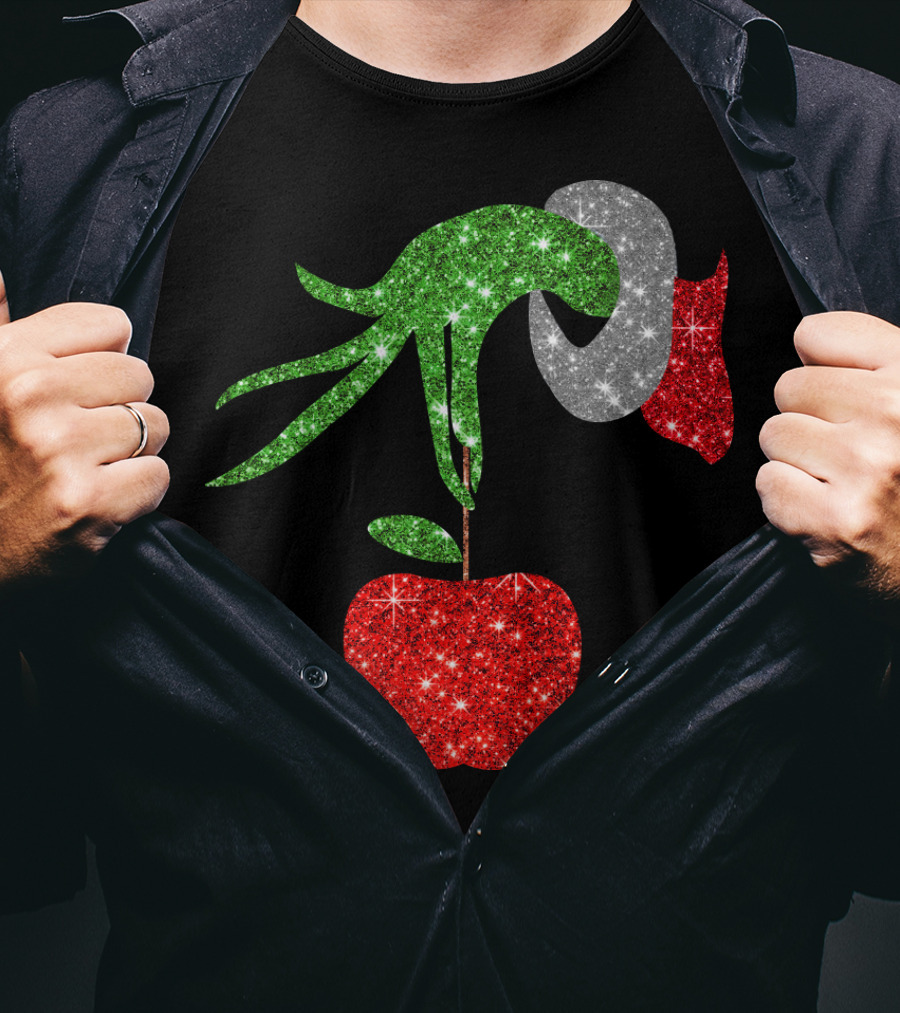 Green Grinch Hand Holding Shiny Red Apple T-Shirt