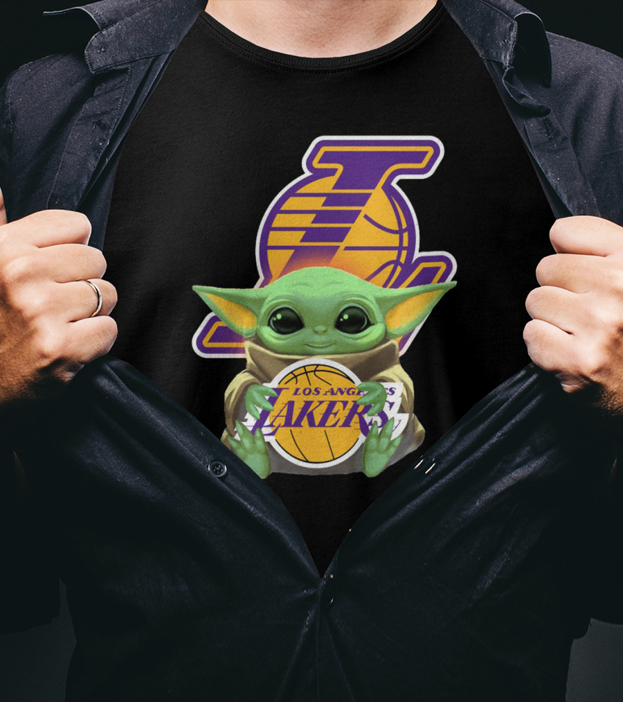Los Angeles Lakers Baby Yoda Holding Basketball T-Shirt