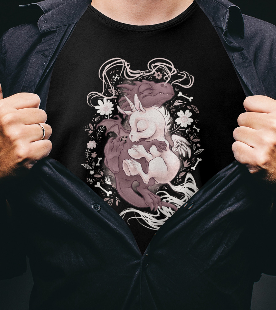 Dragon Unicorn Sleeping Embrace With Flowers And Bones T-Shirt
