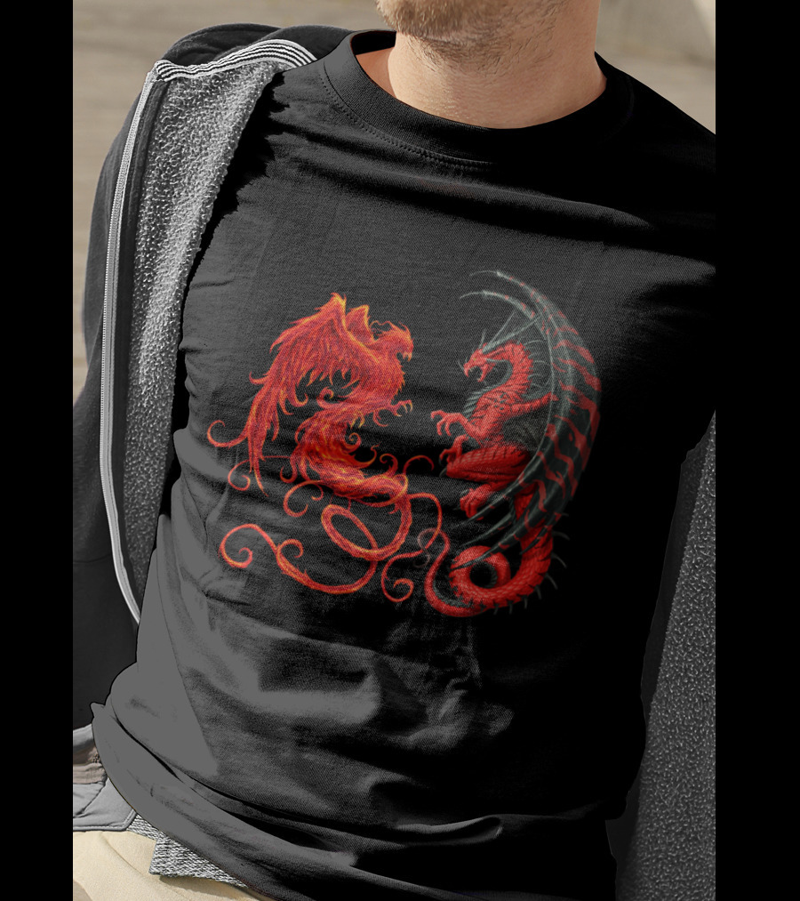 Dragon And Phoenix Symbols IN Red And Black Encounter T-Shirt
