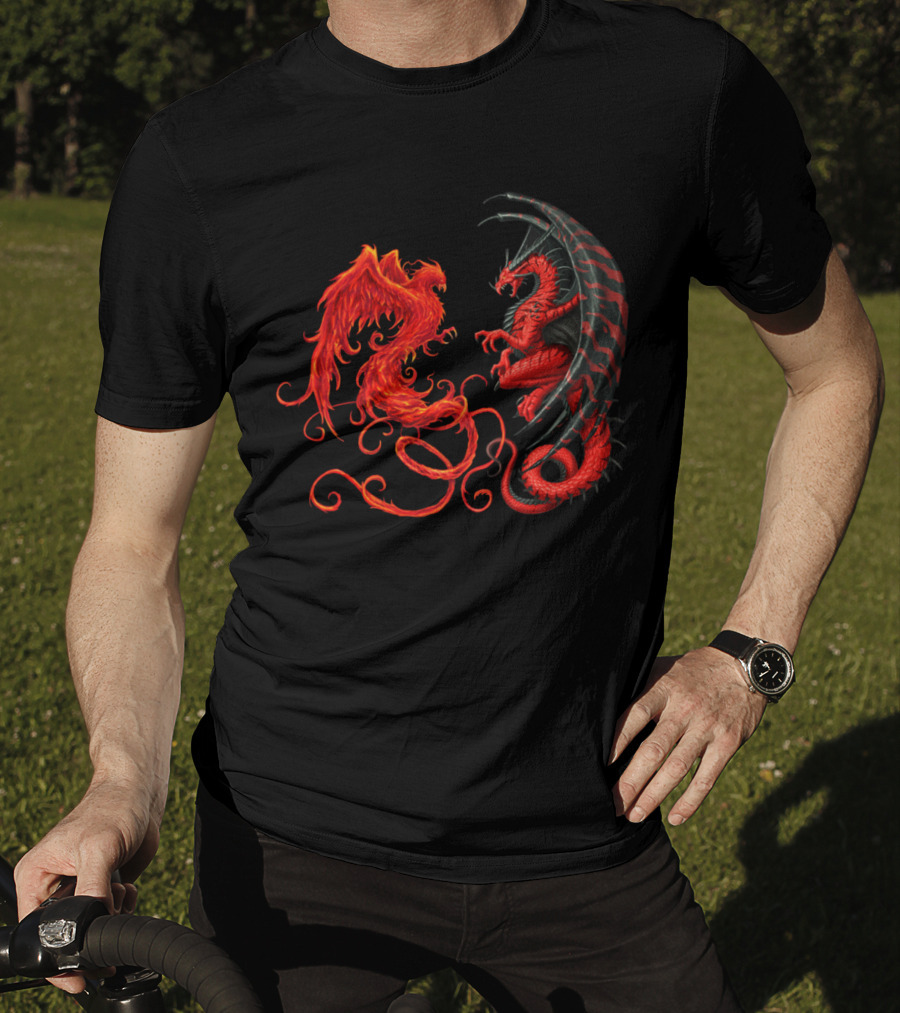 Dragon And Phoenix Symbols IN Red And Black Encounter T-Shirt