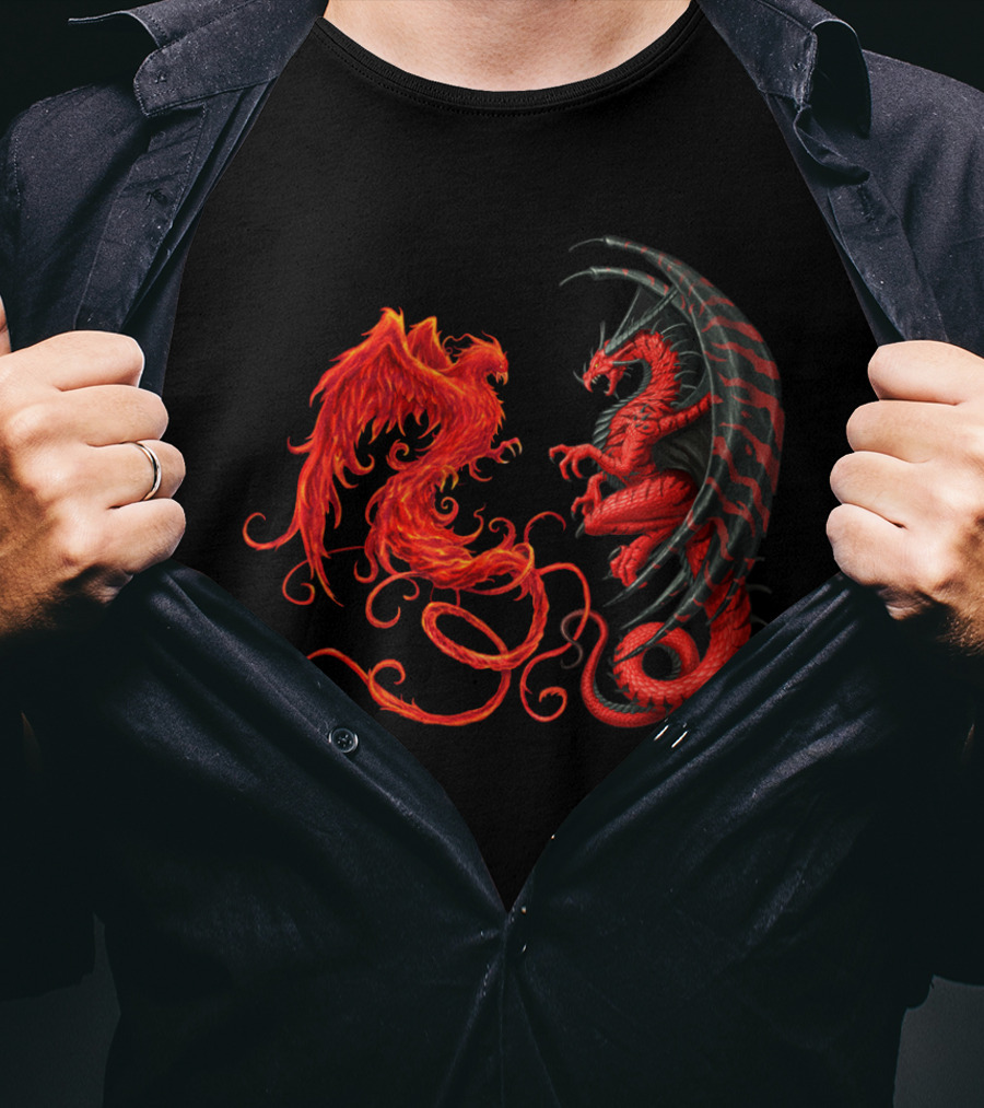 Dragon And Phoenix Symbols IN Red And Black Encounter T-Shirt