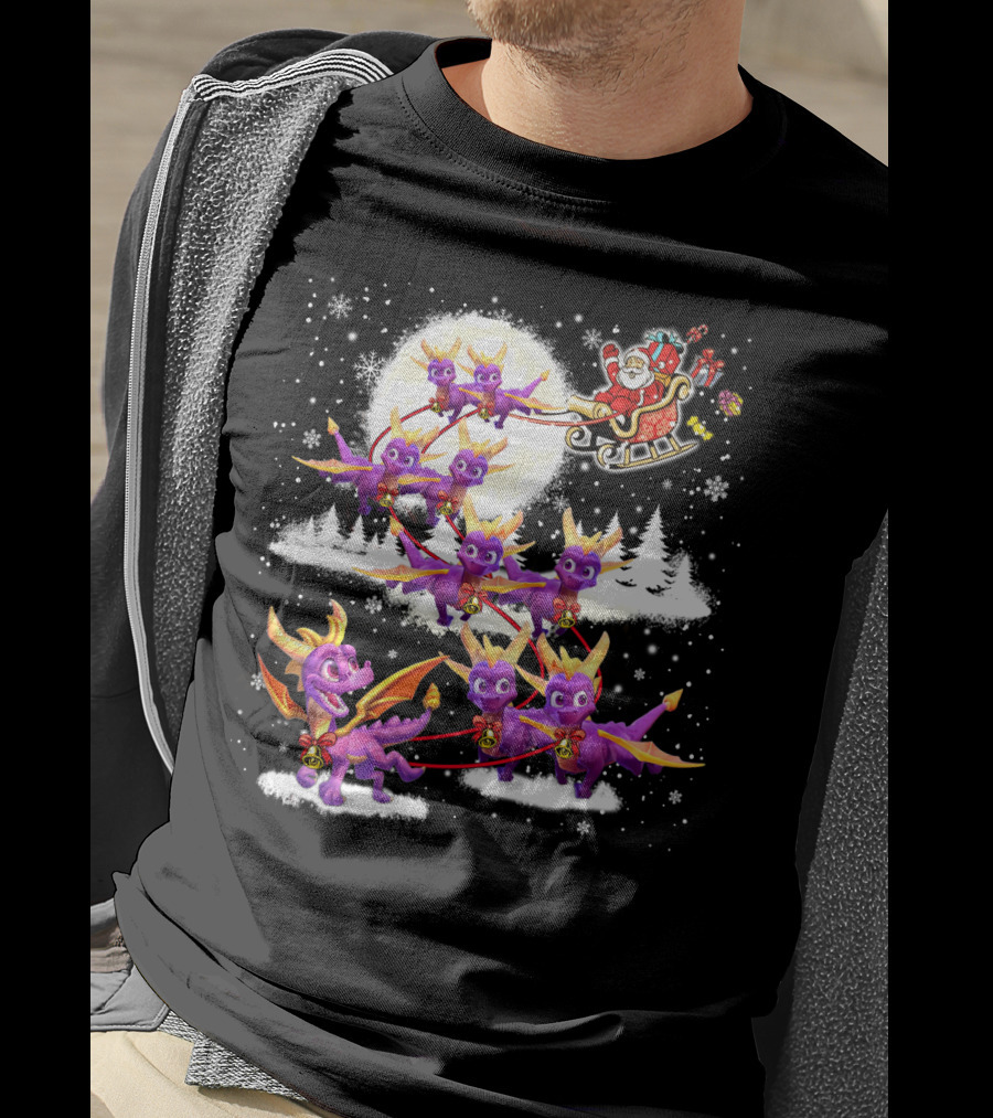 Santa's Sleigh Pulled By Purple Dragon Reindeer T-Shirt