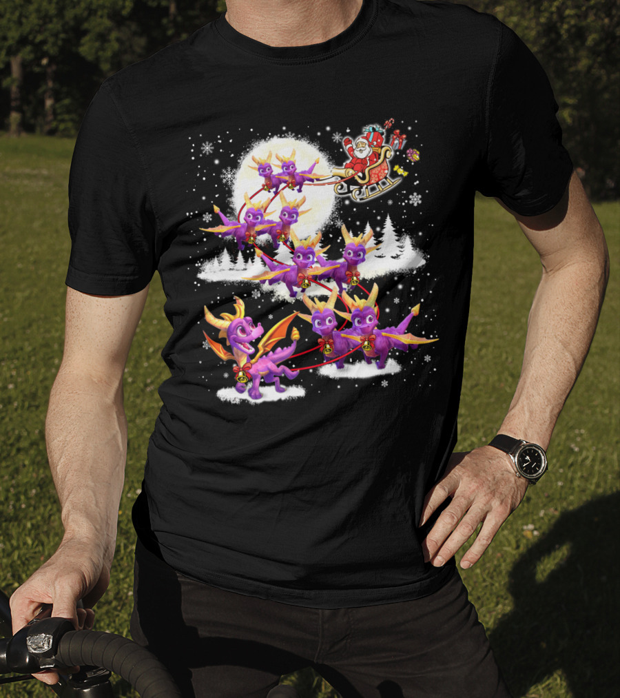Santa's Sleigh Pulled By Purple Dragon Reindeer T-Shirt